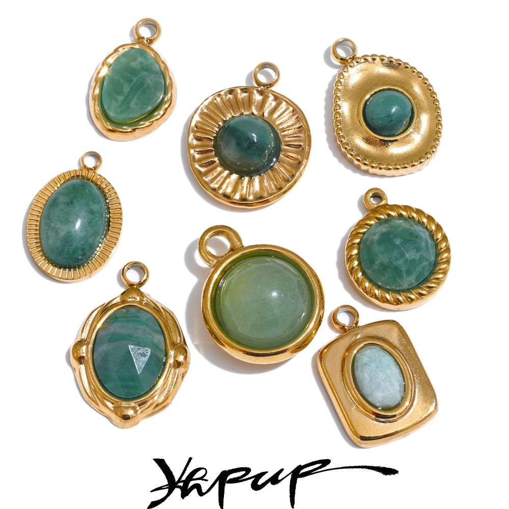 

Yhpup Exclusive Green Natural Stone Necklace Bracelet Charm Pendants Woman's Stainless Steel DIY Jewelry Accessories Wholesale