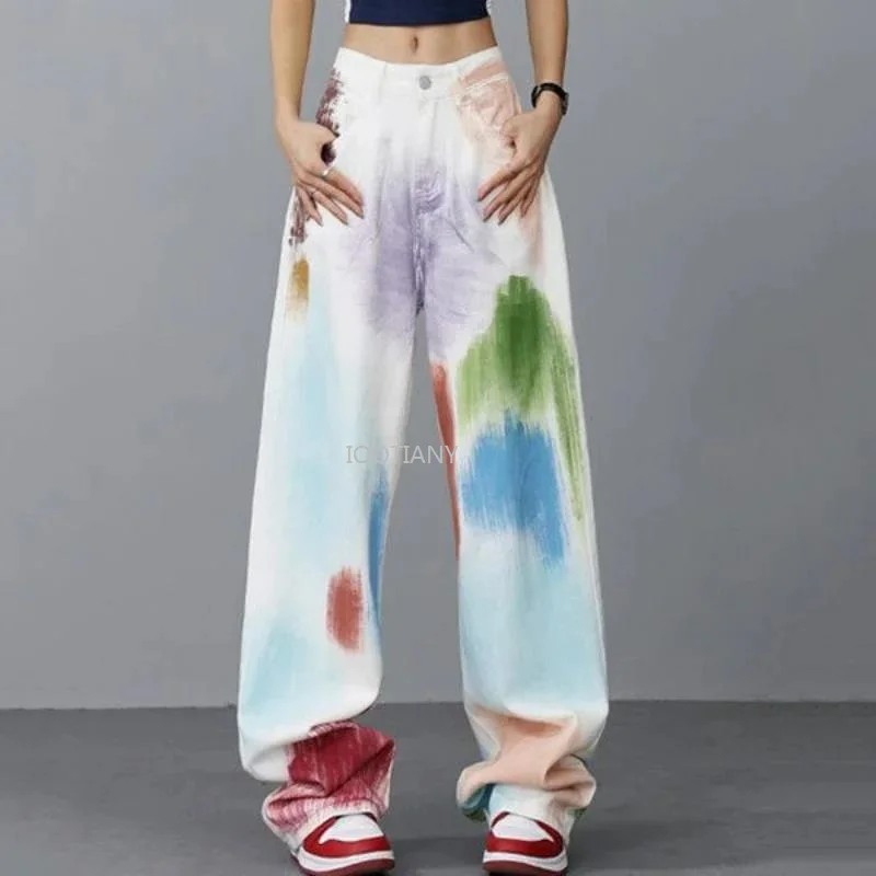 New Spring Summer Contrast Graffiti Jeans Harajuku Streetwear Fashion Casual Wide Leg Pants Hip Hop Women Playful Trousers