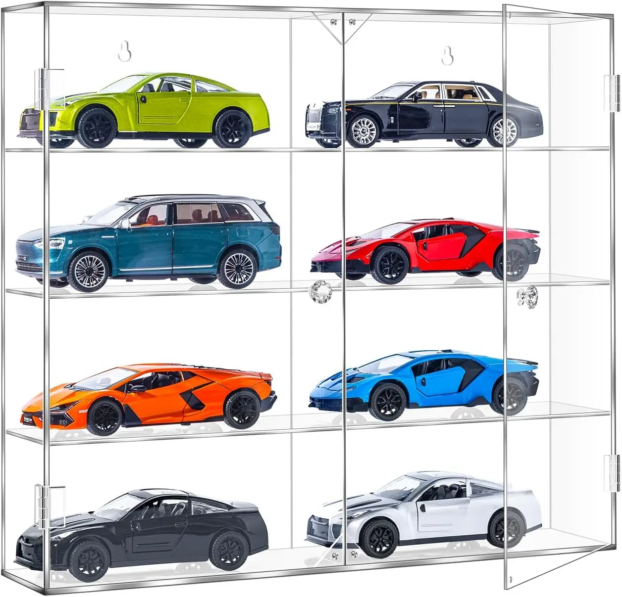 Acrylic Display Case for 1/24 Scale Diecast Storage, 4 Levels 8 Slots Toy Cars Showcase Wall Mount or Desktop, Clear Organizer