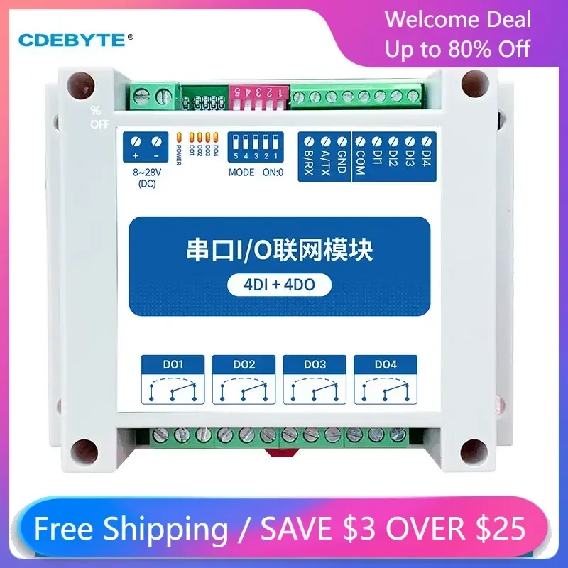 

4DI+4DO Modbus RTU Control I/O Network Modules Serial Port RS485 Interface CDEBYTE MA01-AXCX4040 Rail Installation 8V~28V DC IoT