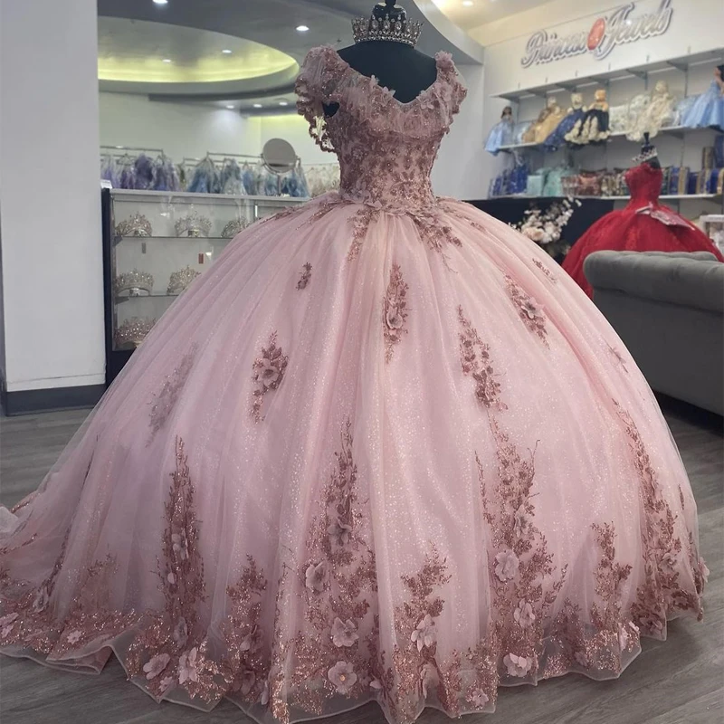 ANGELSBRIDE gaun merah muda Quinceanera bunga 3D berkilau renda untuk 15 gaun pesta Formal gaun pesta 16 gaun ulang tahun putri