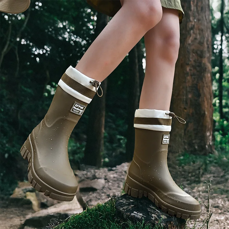 Korean Style Rain Boots for Women Outdoor Mid-tube Waterproof Shoes for Women Non-slip Elastic Cuffs Kitchen Rubber Shoes Women