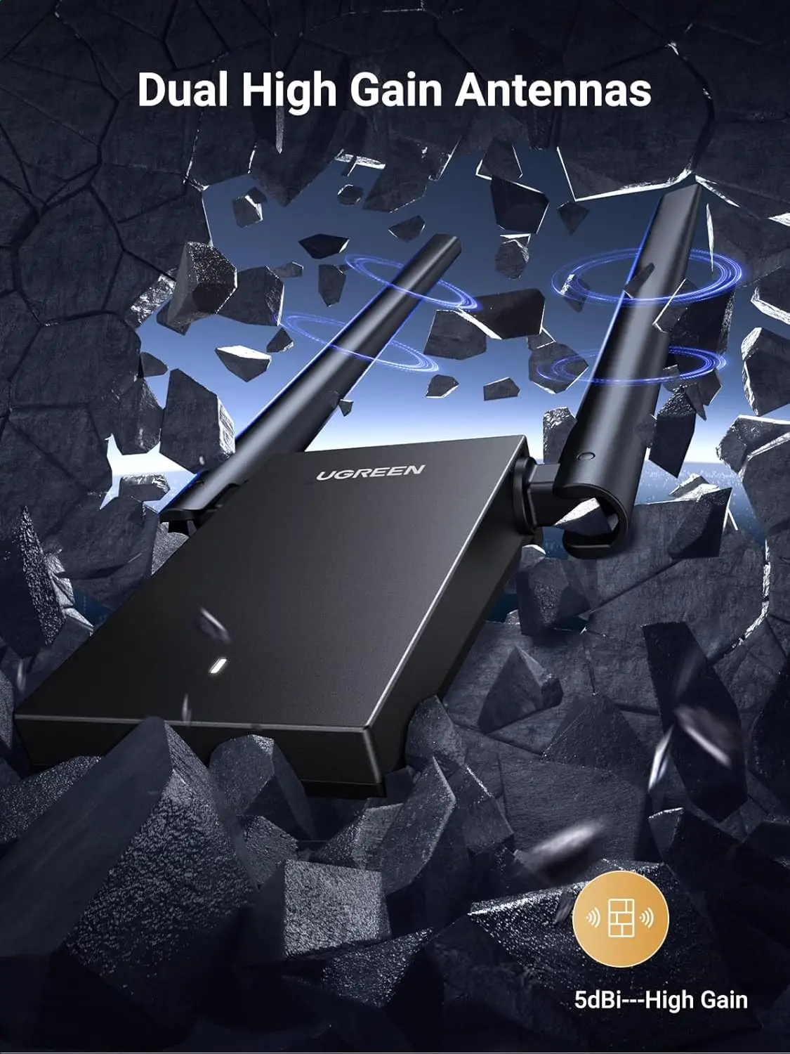 محول UGREEN WiFi للكمبيوتر المكتبي، محول AX1800 USB WiFi 6 مع هوائيات مزدوجة 5dBi عالية الكسب، 5G/2.4G ثنائي النطاق