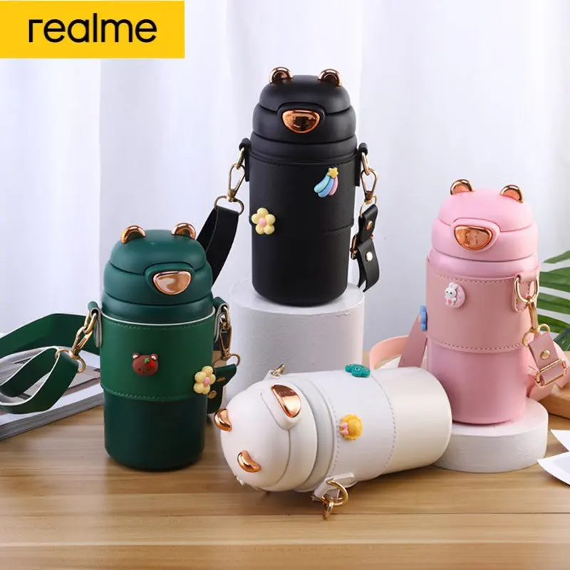 realme Thermal Cups Insulated Cup Children'S Cute Straw Tumbler Stainless Steel Outdoor Portable Big Belly Cup