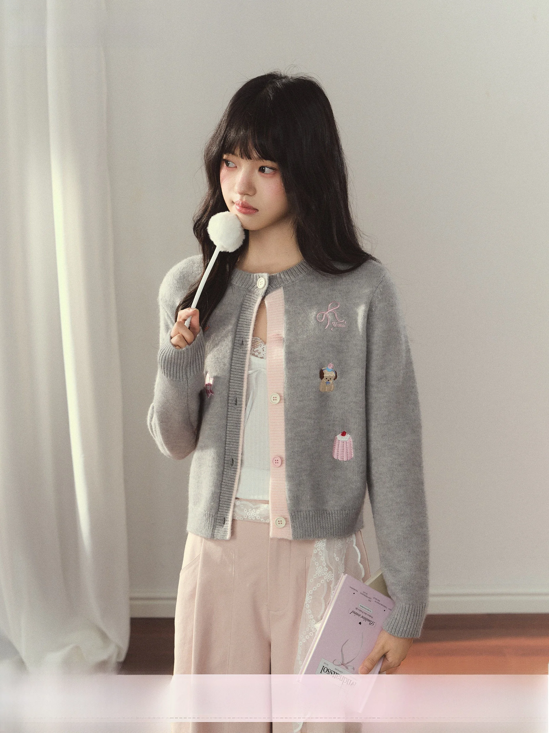 

Umoumo Sweet Casual Embroidered Animal Pattern Knitted Sweater Open Cardigan Slimming Color Blo School Girl Sle Long Sve