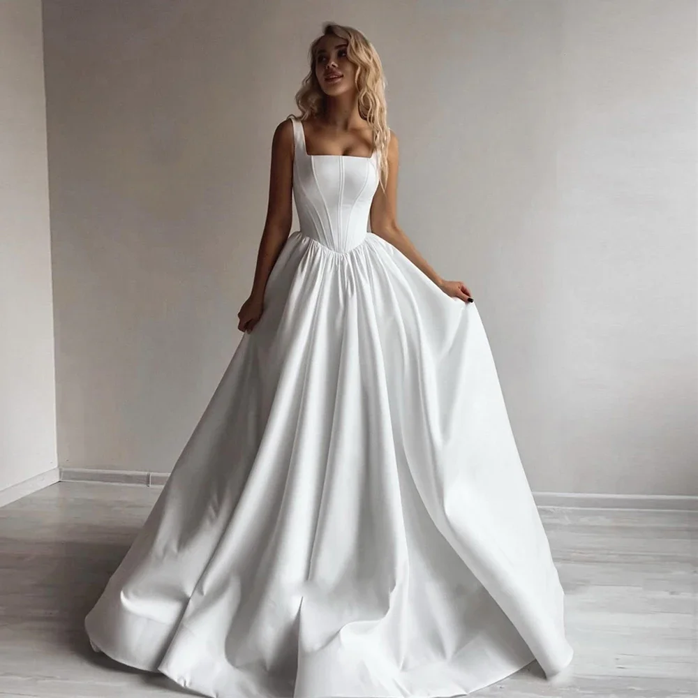 

Simple Satin Women Wedding Dresses Sexy Backless A-Line Formal Party Sleeveless Floor Bride Gowns Vestidos De Novias Customized