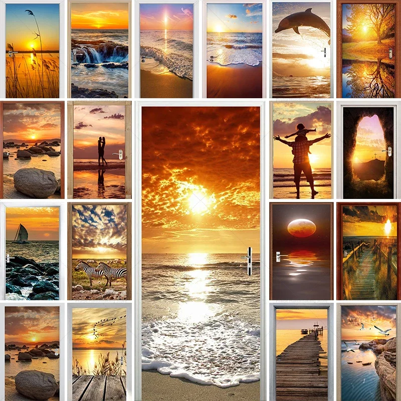 Seaside Sunset Sunrise Wallpaper Door Sticker PVC Waterproof Refrigerator Door Sticker Living Room Bedroom Decoration Mural