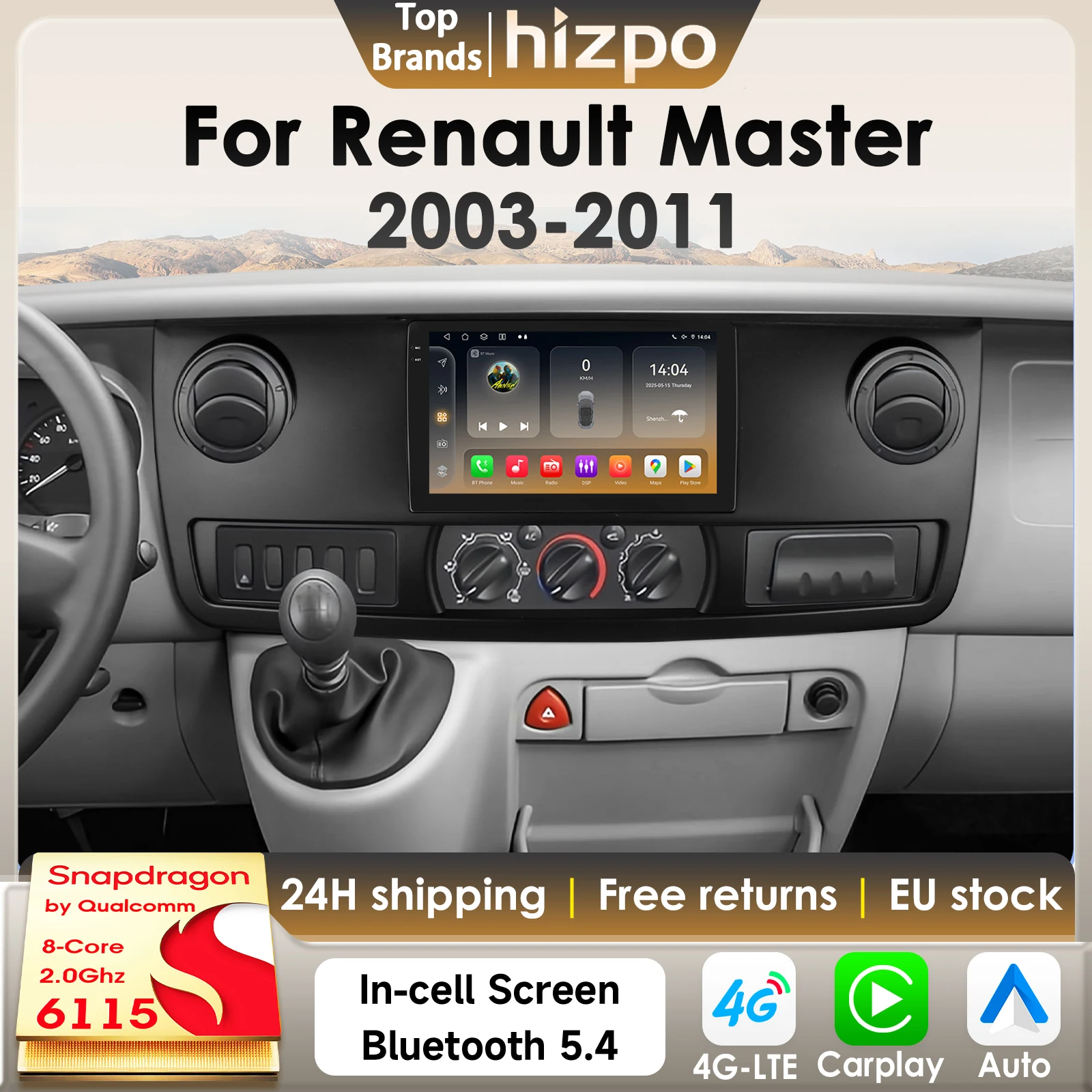 Hizpo 8Core 2Din Android 14 lecteur multimédia GPS de voiture pour Renault Master 2003-2011 AI Carplay 4G BT 360 caméra par Snapdragon 6115