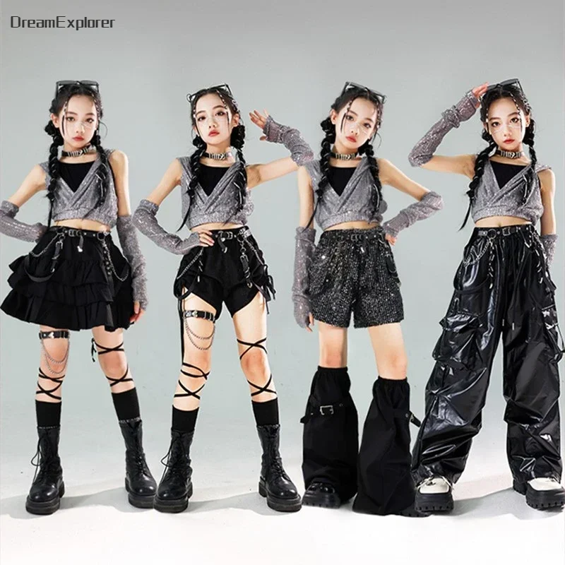 Ensemble de vêtements K-pop Sequin Crop Hoodies pour filles, Streetwear pour enfants, Short de danse de rue, Pantalon cargo en cuir PU, Jupes Hip Hop Jazz, Vêtements pour enfants