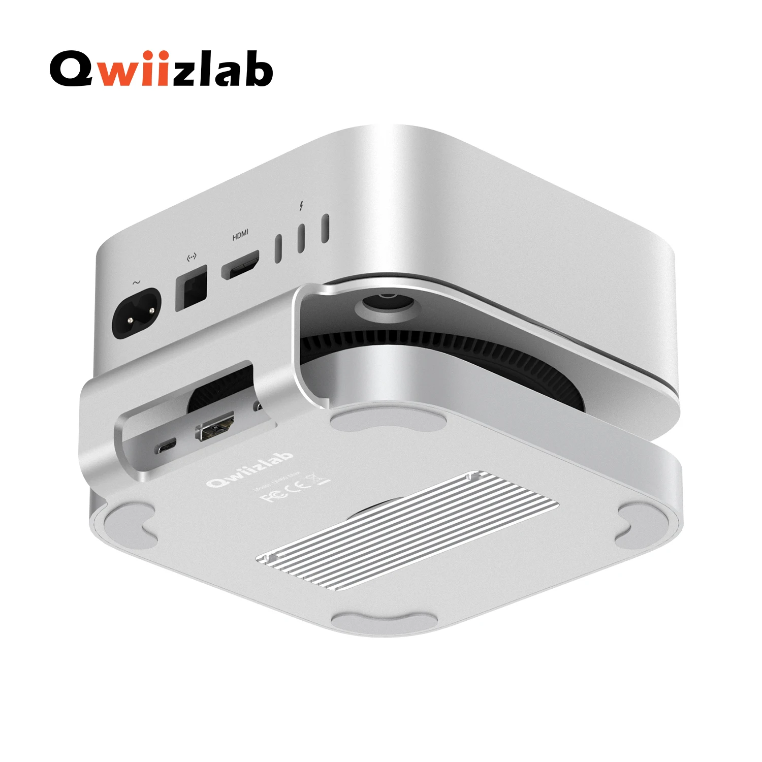 Aluminiowa piasta stojąca Qwiizlab z obudową SSD dla Mac mini M4/M4 Pro 2024, HDMI 4K 60 Hz, czytniki kart 312 MB/s, 2x USB-A 10 Gb/s