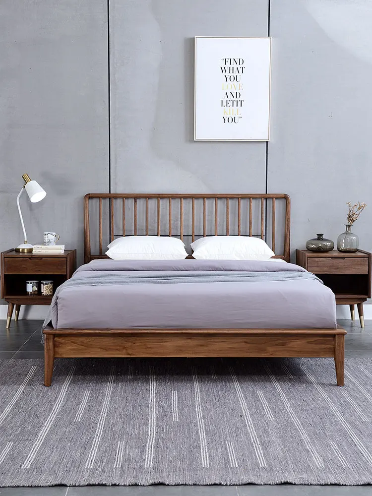 Nordic black walnut solid bed double bed modern simple master bedroom single bed