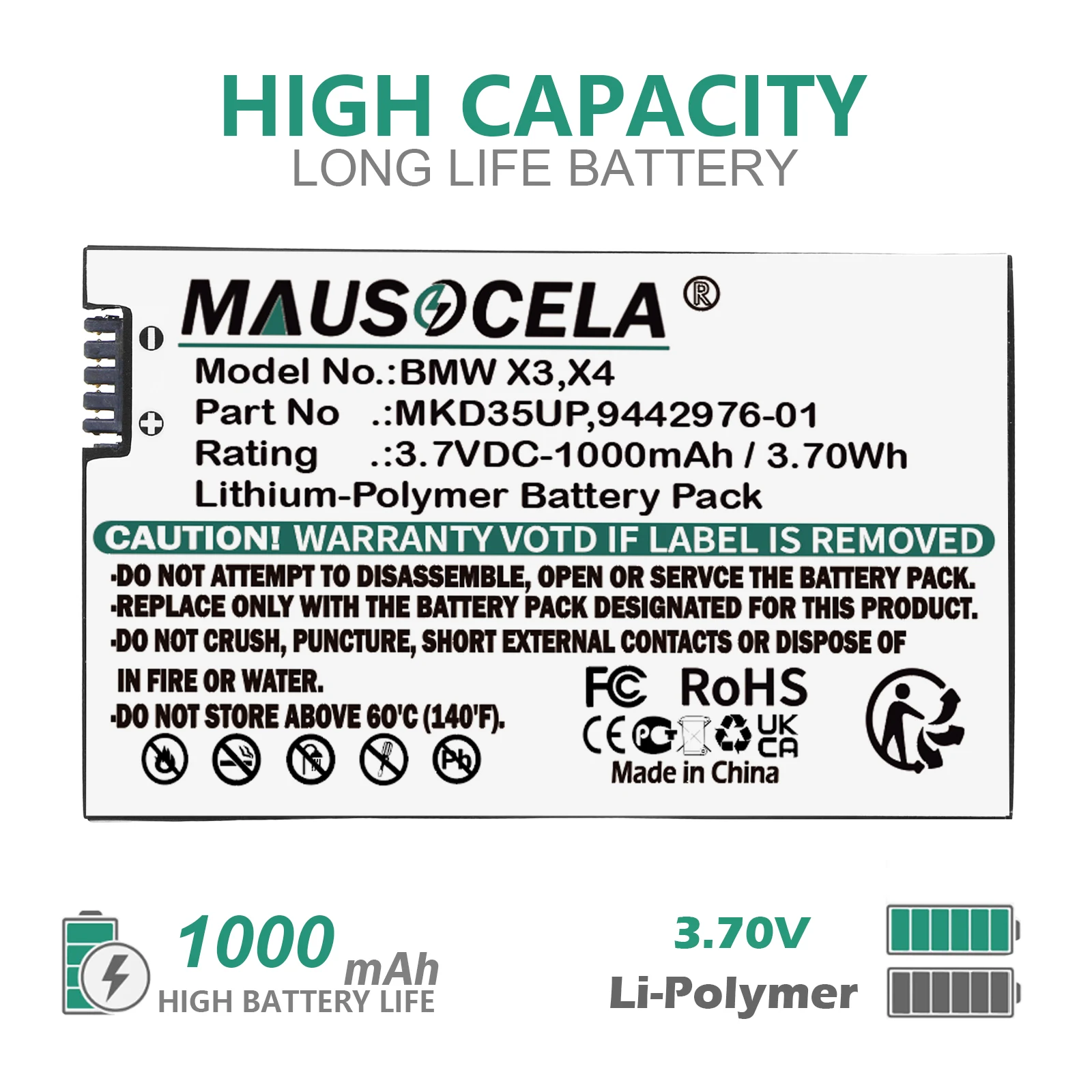 

1000mAh Car Key Remote Battery For BMW:6814351-01,9442976-01,AE2536560,D-80788,MKD35UP,UP120009,X3,X4,X5,X6,X7,530Li,530Le,730