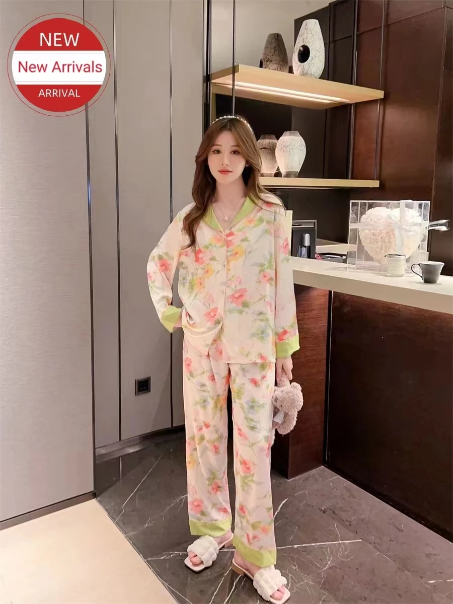 New Ladies Summer Silk Pajamas Female Spring And Autumn Thin Section Long-Sleeved Fashion Garden Lovely Sweet Wind Homewear Summ