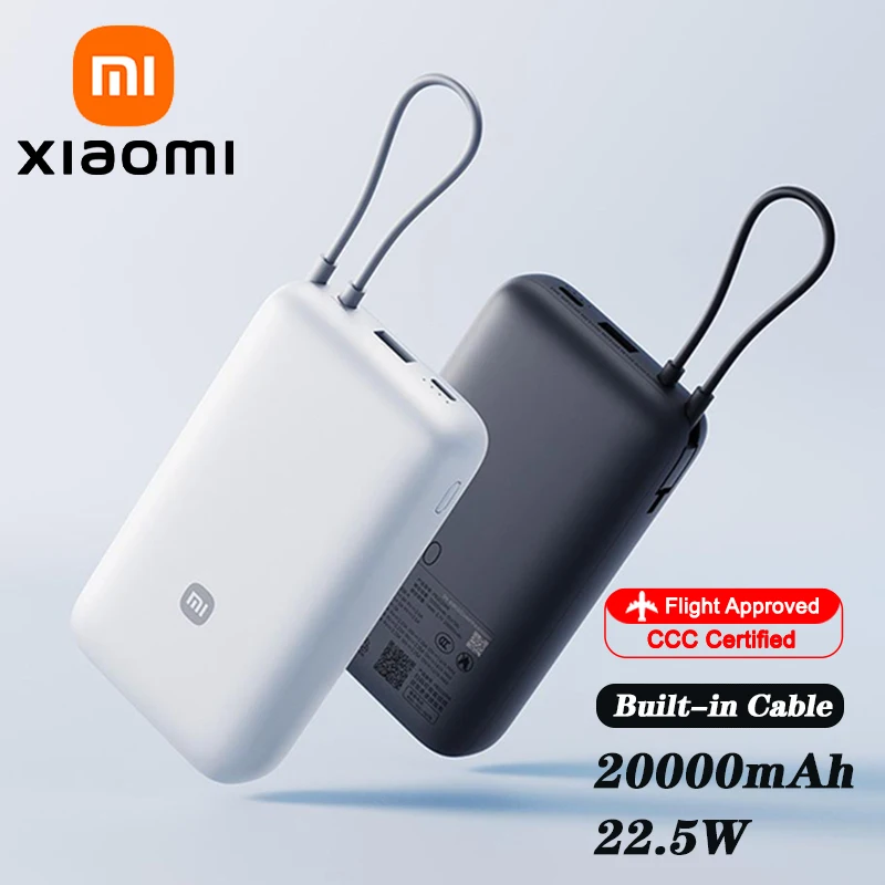 

XIAOMI Power Bank 20000 мАч, 22,5 Вт со встроенным кабелем USB-C, 3-портовая быстрая зарядка, двойным входом/выходом, для iPhone 15 16 Pro Max