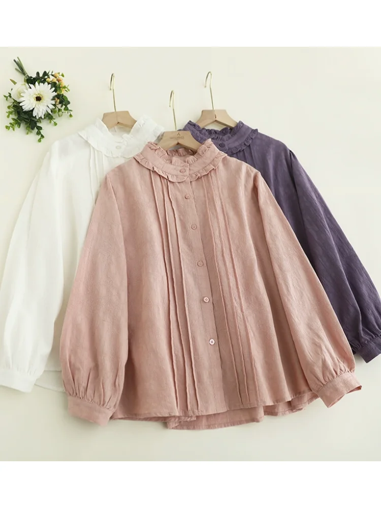 Lamtrip Unique Ruffles Cotton Long Sleeve Shirt Blouse Mori Girl 2025 Spring Female Top