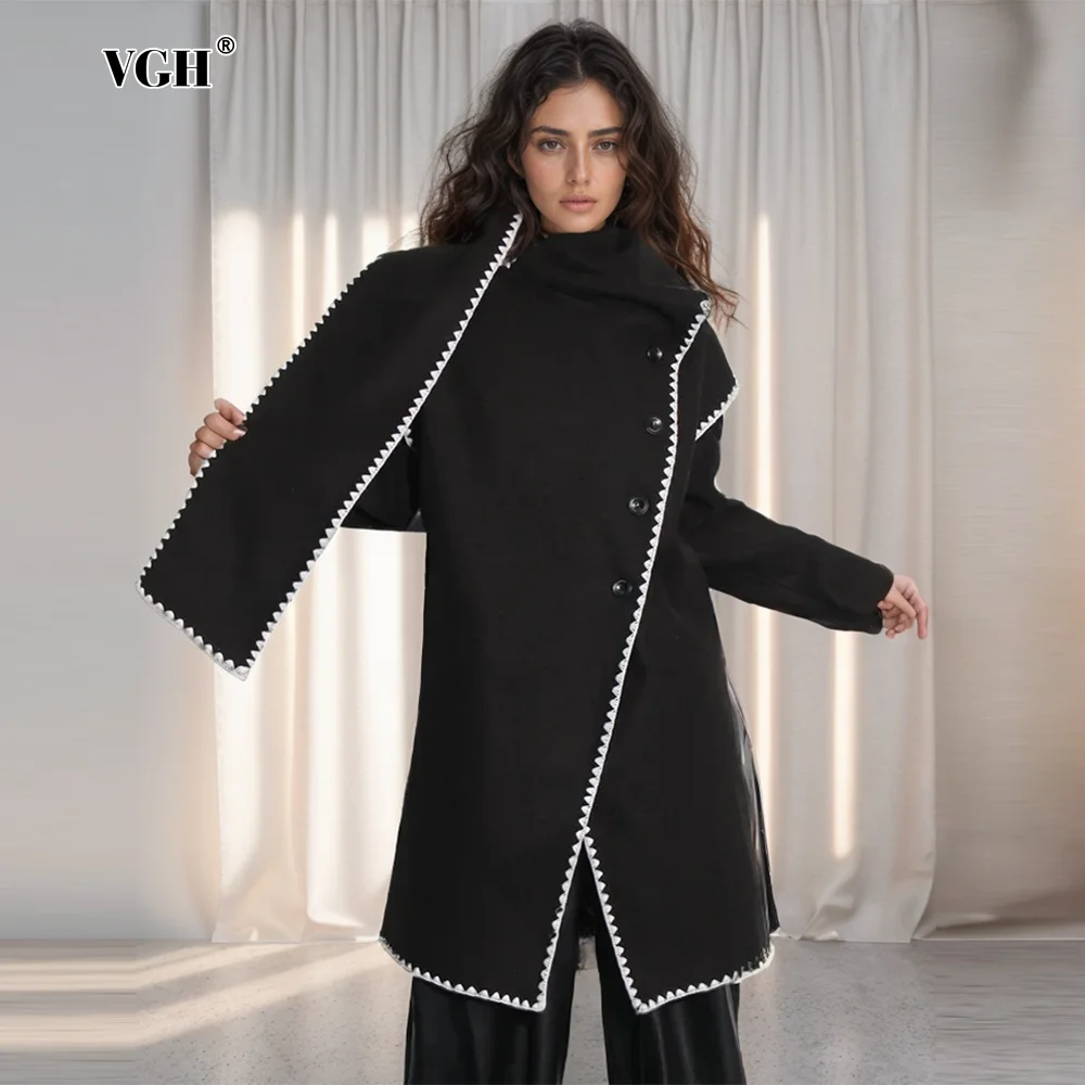 VGH Colorblock Loose Coats For Women Turtleneck Long Sleeve Single Breasted Patchwork Pockets Icasual Rregular Coat Female