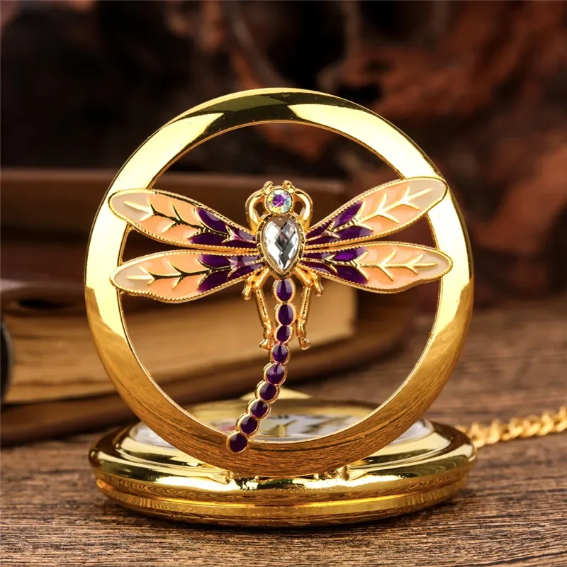 Antique Style Hollow Out Dragonfly Design Unisex Quartz Pocket Watch Roman Numeral Display Necklace Pendant Chain Gift Clock