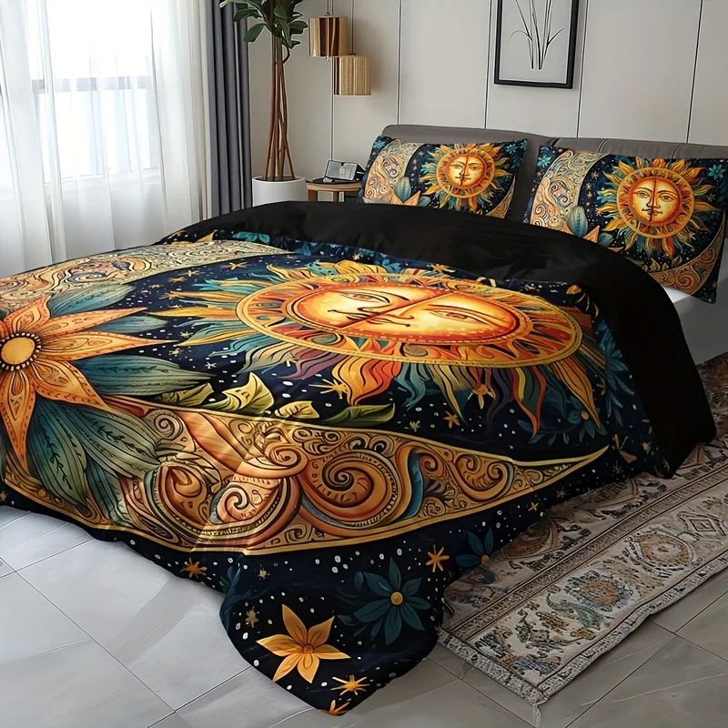 3pcs Duvet Cover High-Definition Printed Sun Moon Floral Printed Bedding Sets No Filling Queen King Size Dramatic Opulent Style