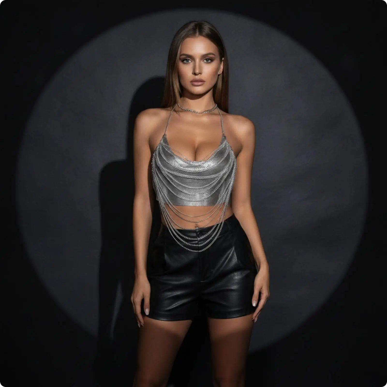 Cropped Top with Chains Lustrous Cropped Top with Chain Cowl Neck Shirt for Women, Nightlife, Night out, Festivals
