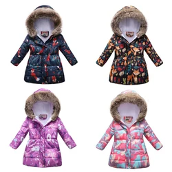 Kids Girls Hooded Down Jacket Winter Artificial Fur Collar Add Velvet Warm Coat Cartoon Fox Christmas Outerwear Casual Clothing