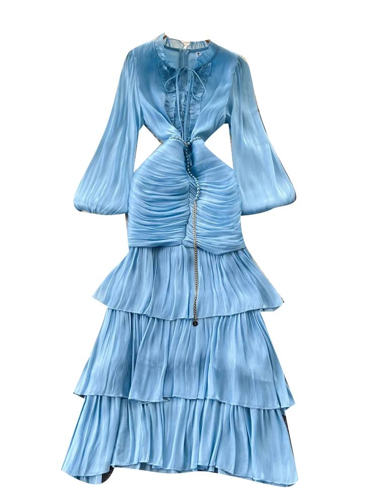 Długa satynowa sukienka damska z falbanami, podkreślająca talię, do pracy, z wysokim stanem, w kształcie litery A, letnia.