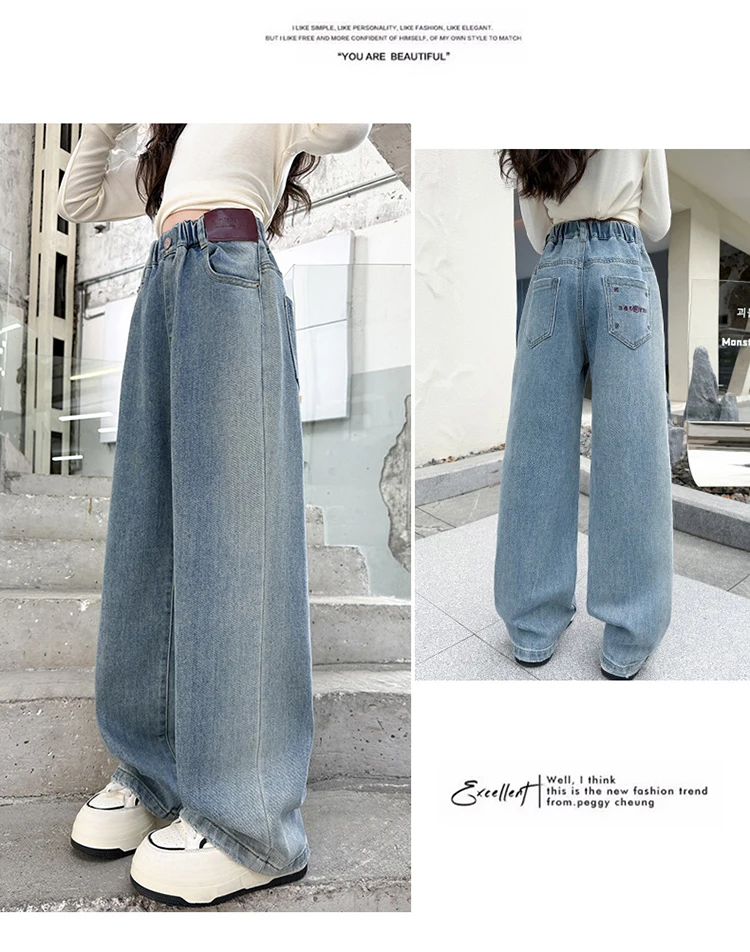 Klassische blaue High-Waist-Jeans mit geradem Bein für Mädchen, neue modische Slim-Fit-Denimhose, einfache Jeanshose für Kinder. – Detail 4