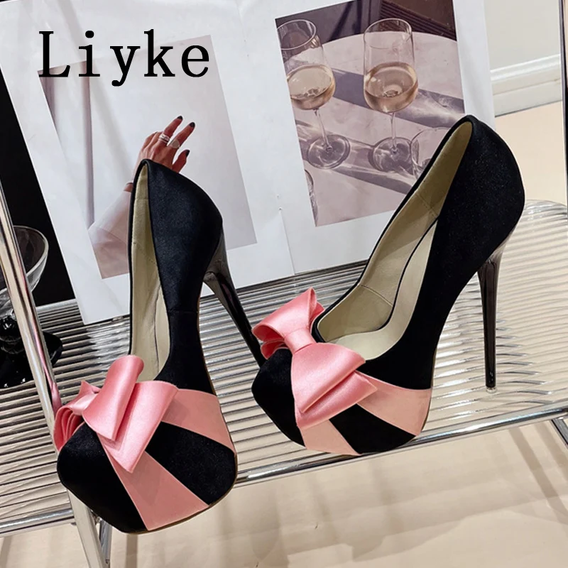 Liyke Sexy Fetish Stripper High Heels Pole Dance Shoes Spring Fashion Pink Silk Bowknot Round Toe Stiletto Women Platform Pumps