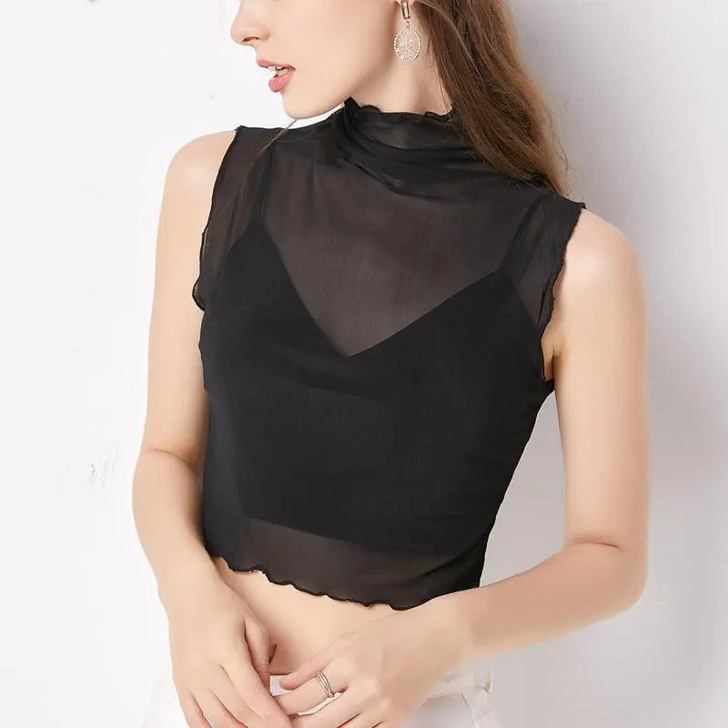 Solid Color Mesh Sleeveless Mock Neck Fake Collar Ruffled Trim Inner Top Women Versatile Sweater Matching Base Shirt