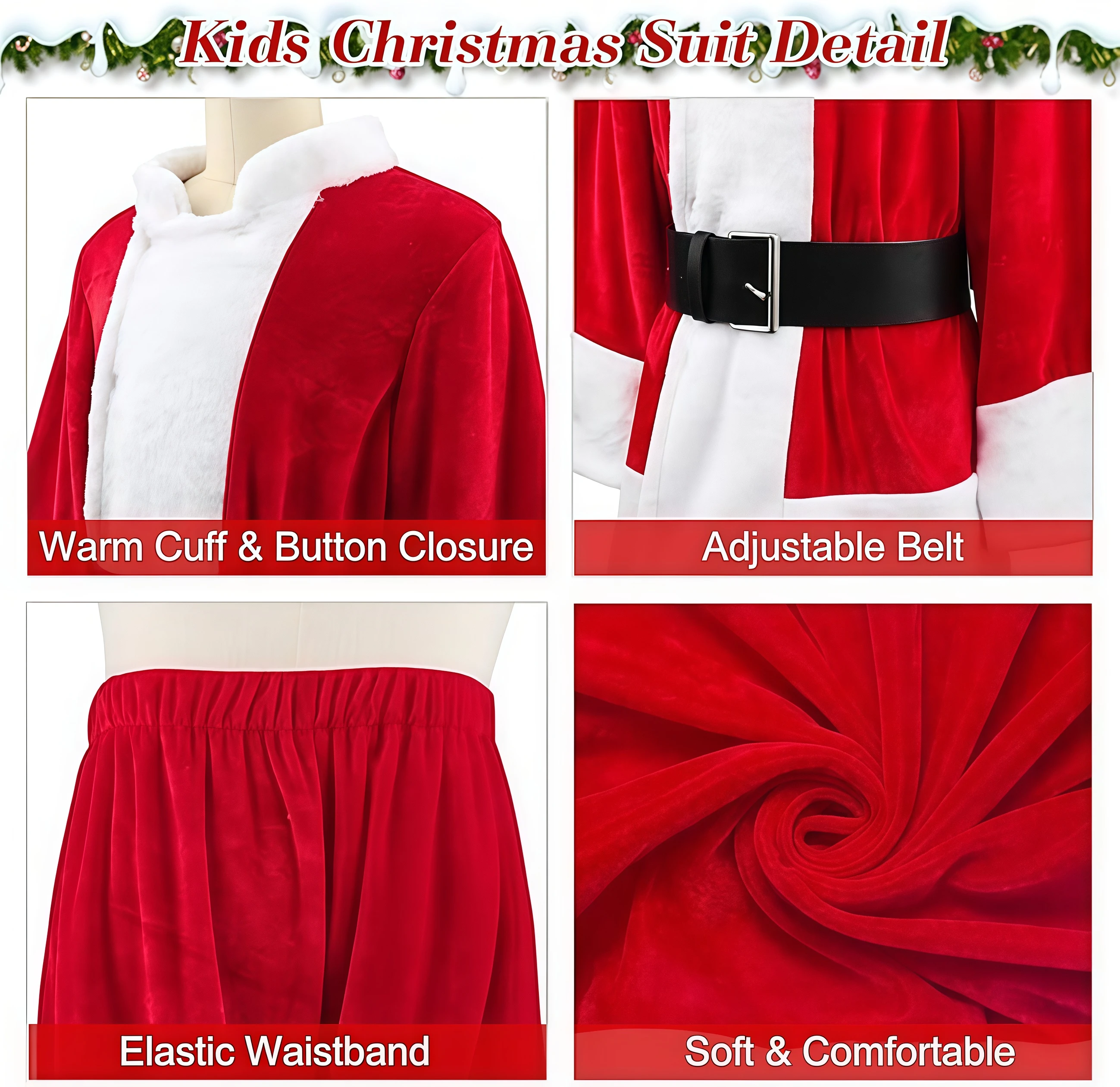 ملابس سانتا كلوز للأطفال مجموعة أزياء تنكرية لحفلات رأس السنة الجديدة مع حزام قبعة للأولاد ملابس لعب الأدوار في حفلات رأس السنة الجديدة #5
