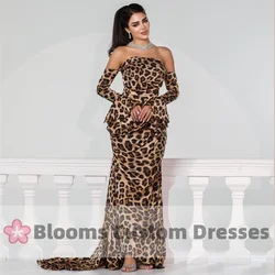 Customized Leopard Jersey Off Shoulder Evening Dresses Pleated Long Sleeves Elegant Arabia Formal Occasion Party Dress For Prom