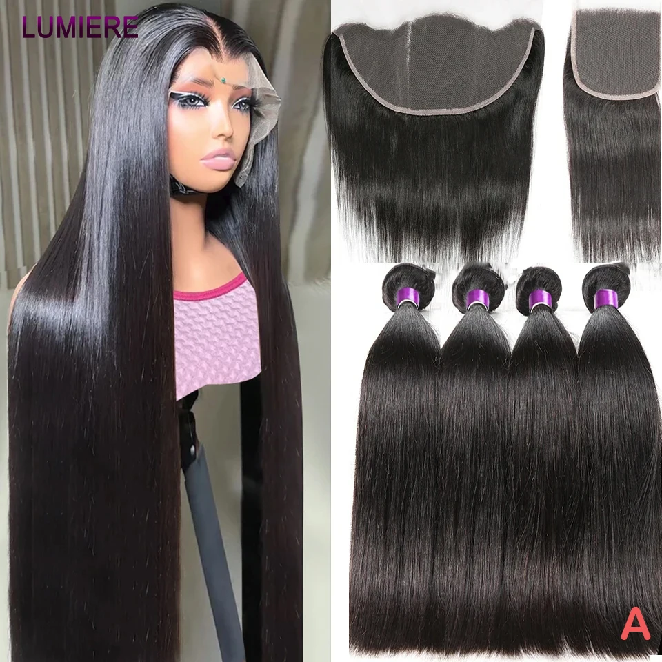 

Bone Straight 3/4 Bundles With Closure Frontal HD Transparent Lace Brazilian Human Hair Weave Extension Plucked Hairline Soft