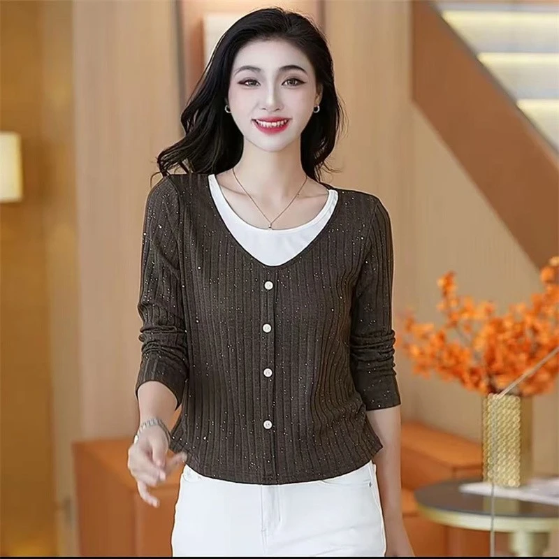 New Spring Long Sleeved Women's T-Shirt Elegant Slim O-Neck false two-piece Tops High Elasticity Tees