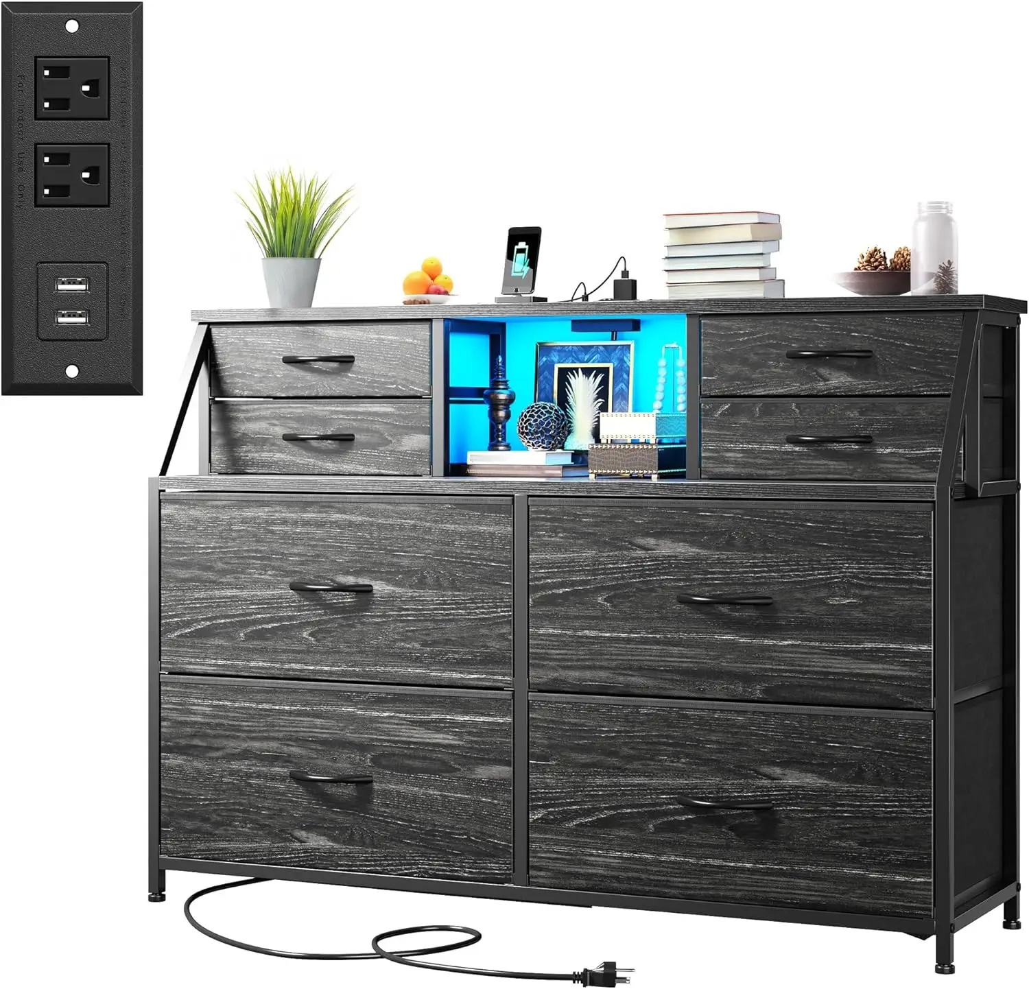 

Комод для спальни с розеткой и LED-подсветкой, 8 выдвижных ящиков и 2 открытые полки для организации хранения, компактный комод