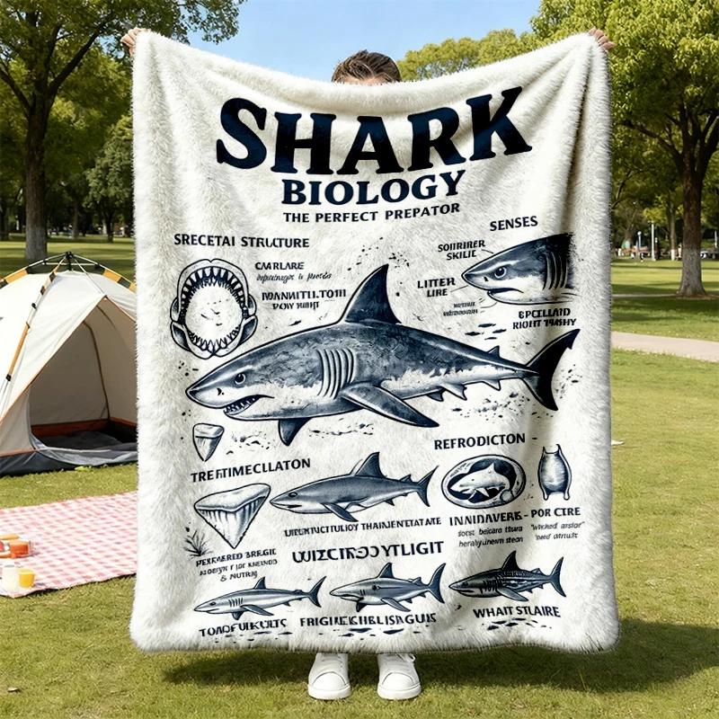 Shark Biology Vintage Science Flannel Blanket, Retro Marine Graphic Flannel Throw, 90s Ocean Predator Cozy Blanket