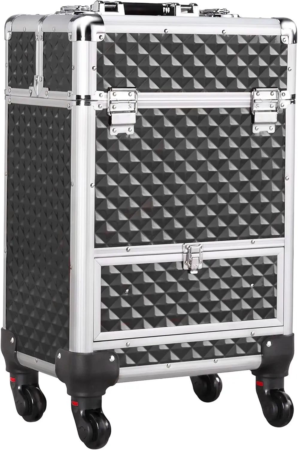 Estuche de tren de maquillaje rodante, estuche de cosméticos de aluminio con ruedas, estuche de peluquero, carrito de viaje con cerradura para salón con Dr deslizante