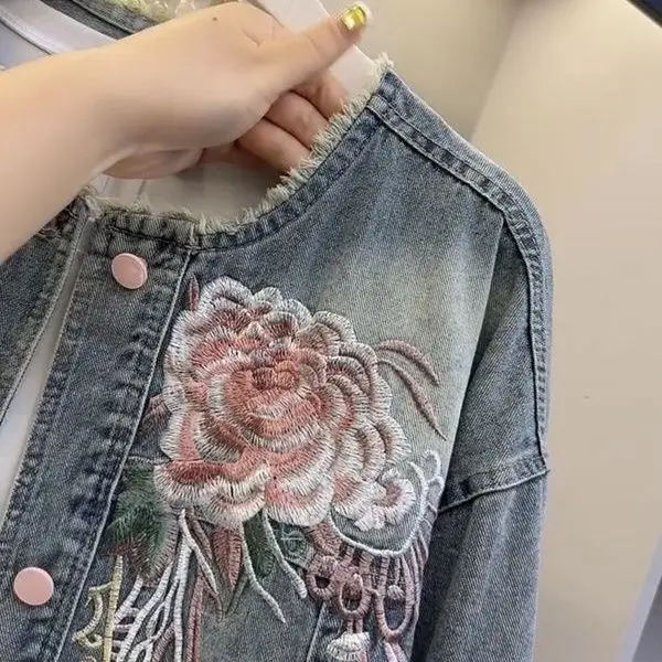 2026 spring new new Chinese large size women's clothing loose and thin foreign style embroidered design denim jacket top
