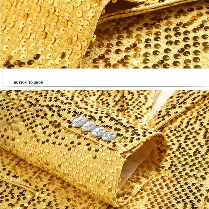 طقم بدلة لامعة بالترتر الذهبي والفضي للرجال مكون من قطعتين مع بنطال سهرة لحفلات الزفاف زي المضيف لمرحلة أداء المغني