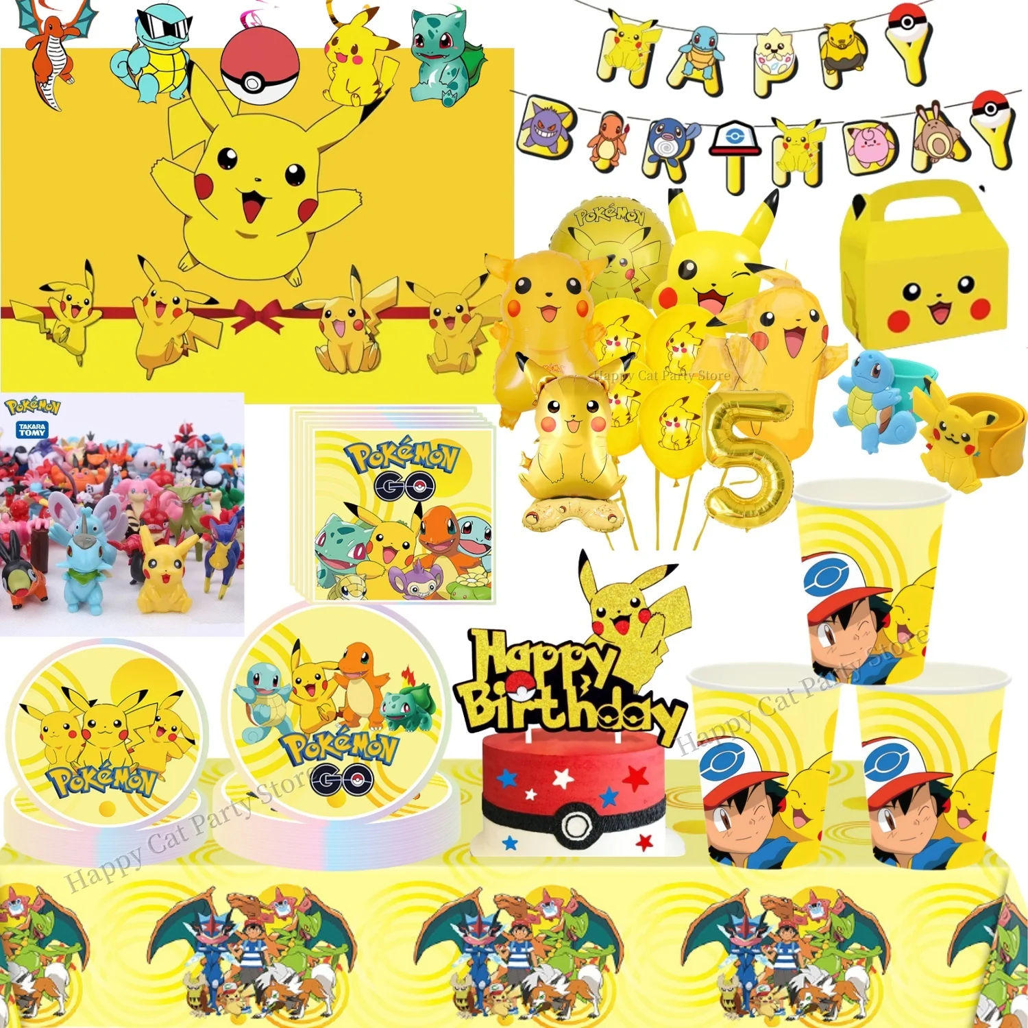 

Birthday Pokemon Plate Pikachu Boy Birthday Decoration Disposable Tableware Tablecloth Cup Gift Bag balloon pokemon Party Favors
