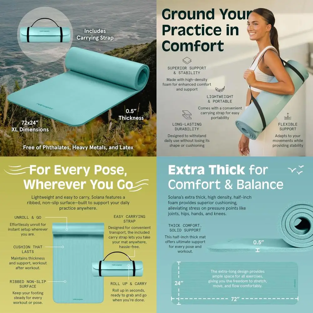 

Толстый нескользящий коврик для тренировок толщиной полдюйма с нейлоновым ремнем, 72x24 дюйма, для пилатеса, растяжки и фитнеса, без BPA, легко хранить и переносить