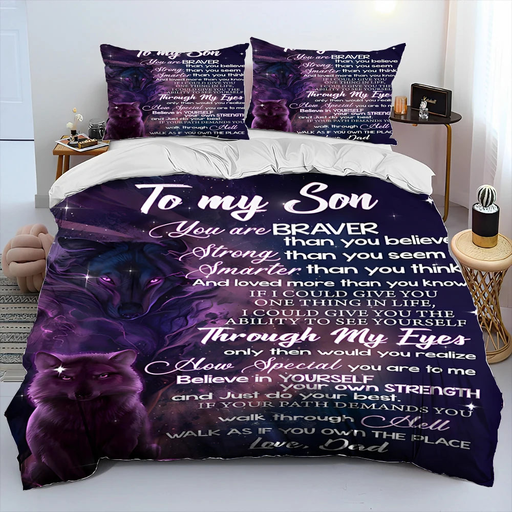 

To My Son Letter Wolf Comforter Bedding Set,Duvet Cover Bed Set Quilt Cover Pillowcase,Queen Bedding Set for Boy Birthday Gift