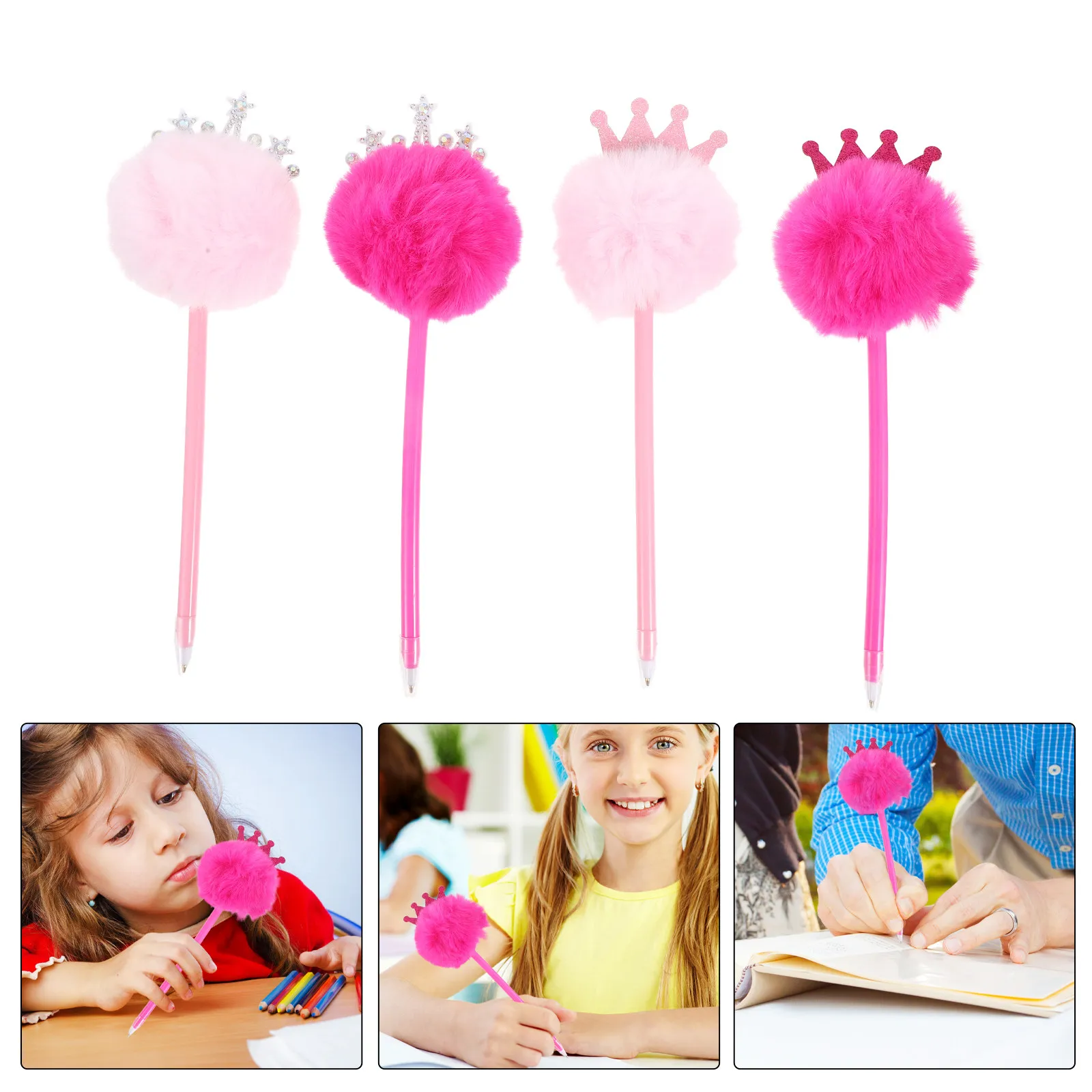 4Pcs Pompom Ballpoint Pen Cute Crown Top Tool for Girls Women School Office Party Favors Decorative Stationery