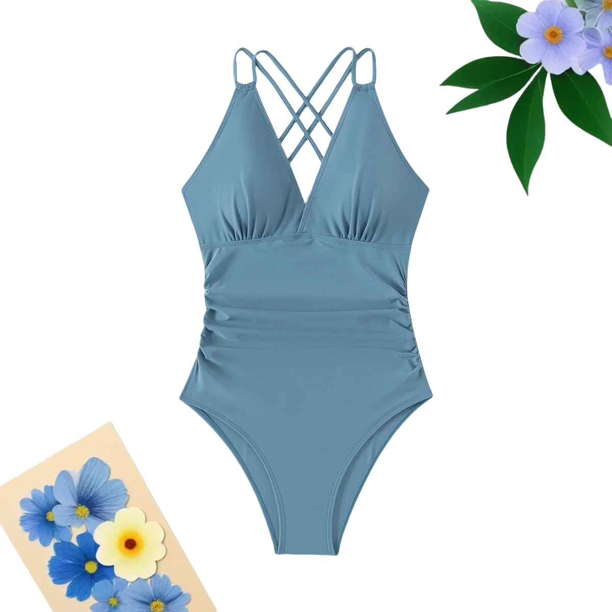 Bikini de una pieza con diseño de escote en V profundo para mujer, traje de baño Sexy con espalda cruzada y hueco, ropa de playa unicolor, traje de baño Tropical para nadar