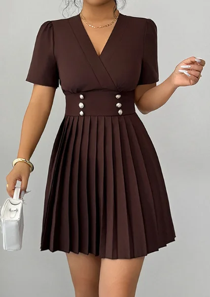 

Summer New French Elegant Commuting Style Solid Color Simple V-Neck Double Breasted Decorative Pleated Short Sleeved Dress