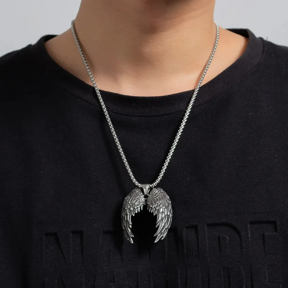 Vintage Angel Devil Wing Pendant Necklace Stainless Steel HipHop Punk Style Birthday Party Gift for Men Women Retro Neck Jewelry