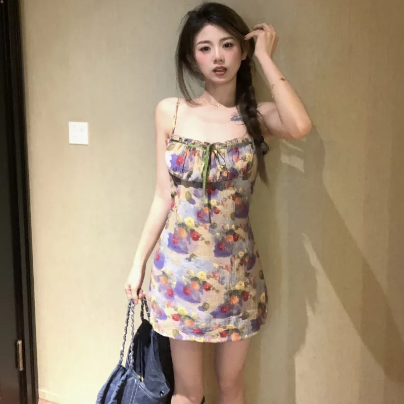 Sleeveless Dresses Women Vintage Defined Waist Korean Fashion A-line Floral Lace-up Design Sweet Sexy Girls Streetwear Summer