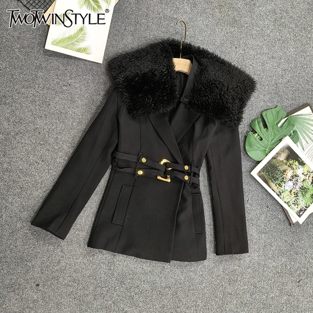 

TWOTWINSTYLE Temperament Solid Vintage Jackets For Women V Neck Long Sleeve Autumn Casual Jacket Female Fashion New KJA533273