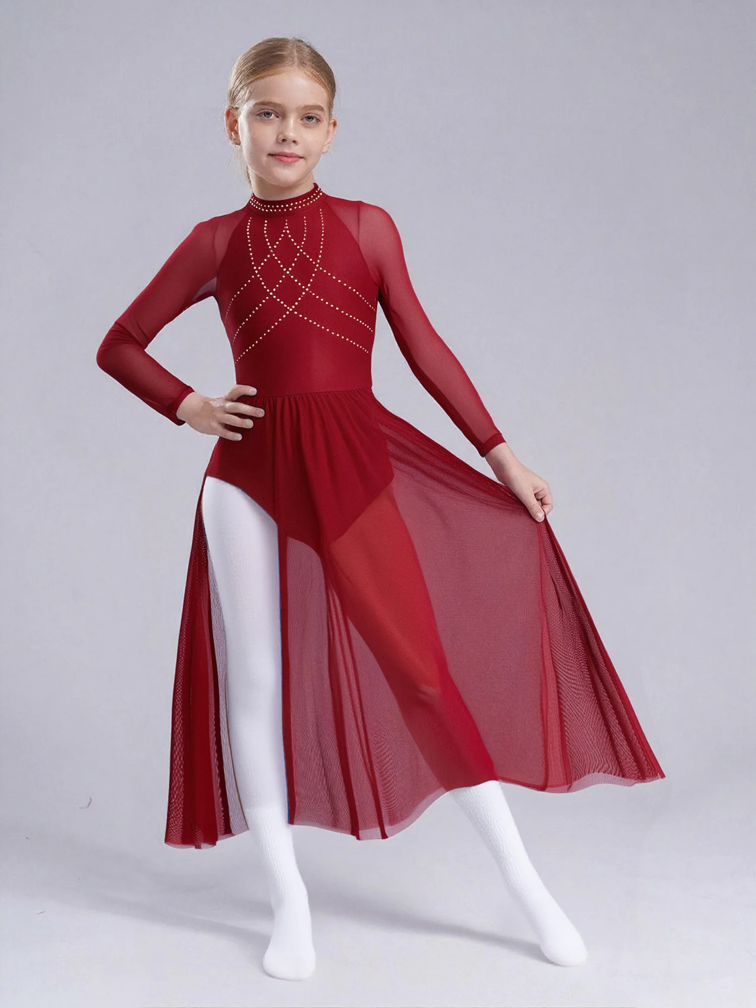 Kids Girls Ballet Leotard Dress Lyrical Dance Costume Sheer Mesh Modern Performance Dancewear Flowy Split Figure Skating Dress