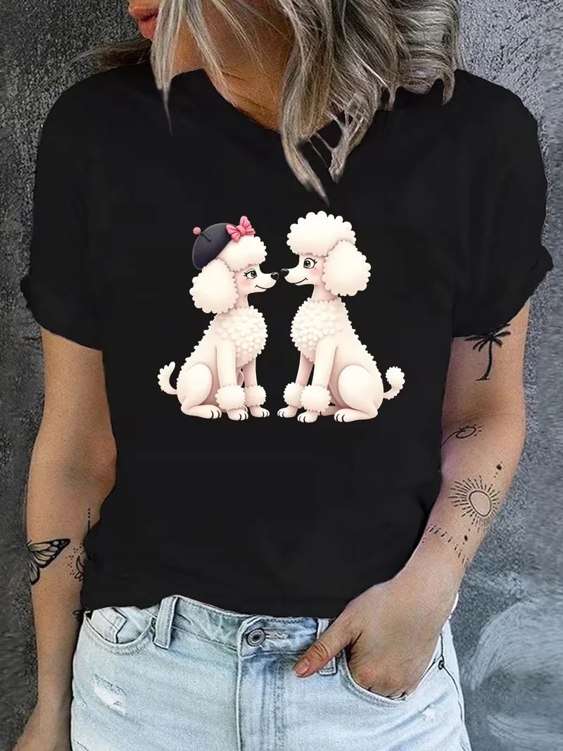 

Women's casual crew neck T-shirt with a cute dog face print, short sleeves