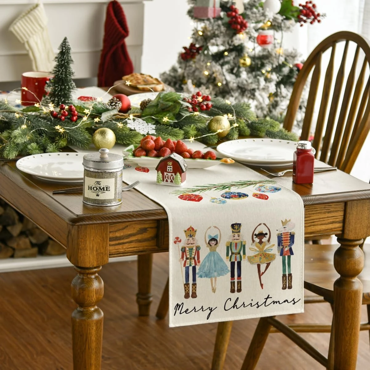 Christmas Nutcrackers Xmas Balls Linen Table Runner Party Decor Winter Holiday Kitchen Dining Table Runner Christmas Decoration