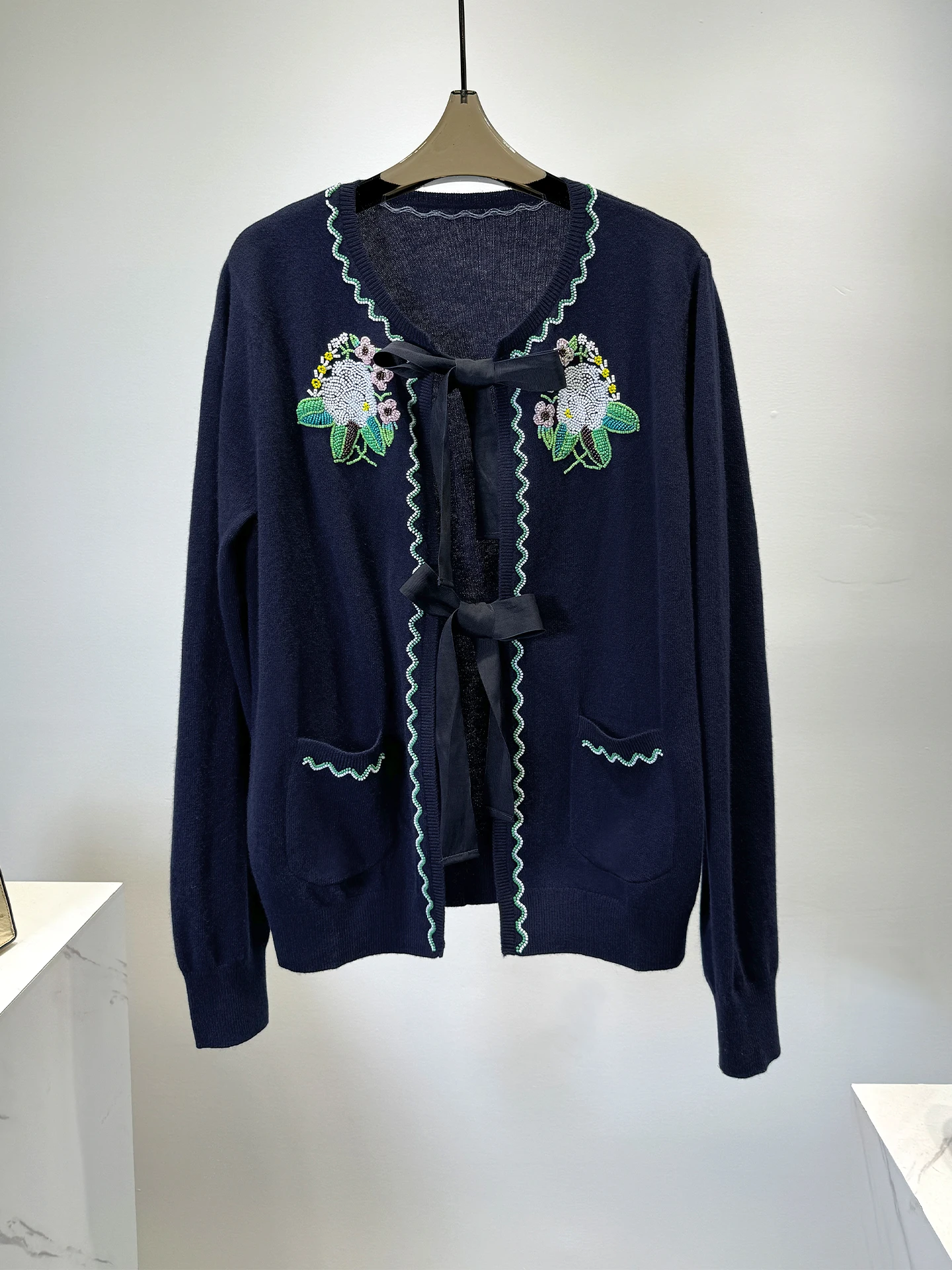 

Faion ow Sle Women's Knitted Cardigan Embroidered Bead Woolen Fine Yarn High Quali Slim Fit Long Sve round Ne